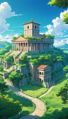 meteora,ancient city,artemis temple,studio ghibli,ancient house,italy colosseum,roman villa,landscape background,ancient buildings,aventine hill,acropolis,the ancient world,stone palace,thermae,ancient rome,the ruins of the,golf course background,tsukemono,hilltop,home landscape,Illustration,Japanese style,Japanese Style 03