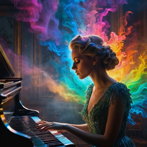 pianist,piano player,piano,concerto for piano,the piano,piano lesson,play piano,piece of music,music fantasy,composer,musical background,composing,iris on piano,woman playing,fire artist,spectral colors,imagination,piano notes,music,musician,Photography,General,Fantasy