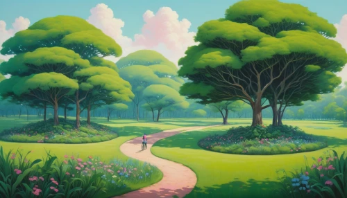 pathway,forest path,forest landscape,cartoon forest,forest road,tree lined path,tree grove,fairy forest,meadow in pastel,green forest,mushroom landscape,forest glade,landscape background,green landscape,hiking path,druid grove,cartoon video game background,springtime background,forest background,tree top path,Illustration,Paper based,Paper Based 08