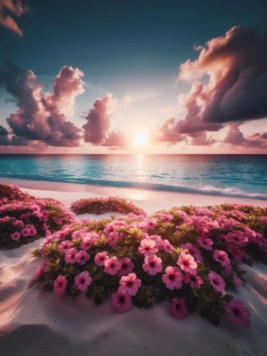 flower in sunset,sea of flowers,full hd wallpaper,pink beach,flowerful desert,splendor of flowers,beautiful beaches,beautiful beach,pink dawn,flower background,dream beach,pink daisies,sea carnations,splendid colors,tropical bloom,tropical flowers,hd wallpaper,ocean paradise,tropical floral background,beach landscape