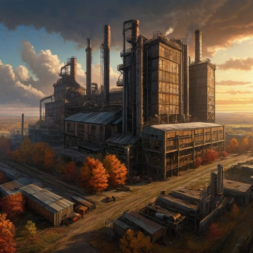 industrial landscape,refinery,industries,industrial plant,factories,industry,industrial ruin,industrial area,steel mill,powerplant,power plant,coal-fired power station,chemical plant,industrial,post-apocalyptic landscape,heavy water factory,coal fired power plant,petrochemical,industrial building,grain plant,Illustration,American Style,American Style 02