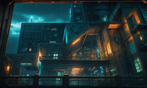 cyberpunk,metropolis,fire escape,dystopian,vertigo,apartment block,high rises,high-rises,transistor,skyscraper,penumbra,atmoshphere,black city,refinery,an apartment,cityscape,scifi,kowloon,sci-fi,sci - fi,Illustration,Realistic Fantasy,Realistic Fantasy 02