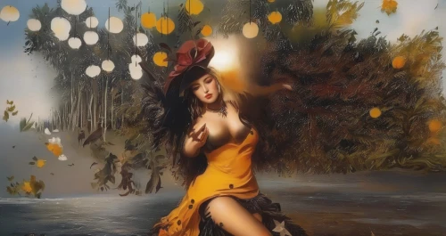 girl on the river,oil painting on canvas,oil painting,fantasy art,autumn leaves,girl with tree,tiger lily,girl in flowers,finch in liquid amber,vietnamese woman,throwing leaves,girl in the garden,girl in a long dress,autumn background,art painting,the autumn,autumn landscape,woman playing,italian painter,fantasy picture,Illustration,Paper based,Paper Based 04