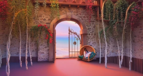 3d background,garden door,harp with flowers,archway,flower booth,fairy door,doorway,fantasy picture,mermaid background,rose arch,the little girl's room,backgrounds,boho background,children's background,3d fantasy,arches,background vector,landscape background,cartoon video game background,arabic background,Illustration,Paper based,Paper Based 04