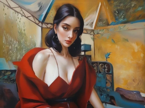 man in red dress,vietnamese woman,lady in red,asian woman,han thom,geisha girl,oil painting,geisha,rou jia mo,red magnolia,woman at cafe,oriental girl,oil painting on canvas,japanese woman,woman sitting,janome chow,chinese art,italian painter,red gown,luo han guo,Illustration,Paper based,Paper Based 04