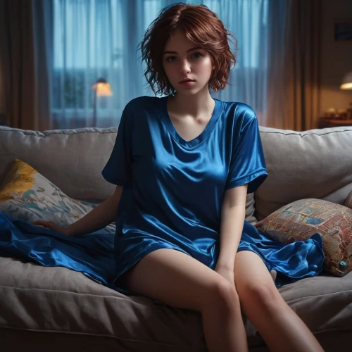 blue pillow,woman on bed,girl in bed,nightgown,girl in cloth,blue dress,blue room,danila bagrov,the girl in nightie,pajamas,girl with cloth,portrait of a girl,girl portrait,sofa,blue painting,girl sitting,a girl in a dress,blue,hospital gown,girl in t-shirt,Conceptual Art,Fantasy,Fantasy 16