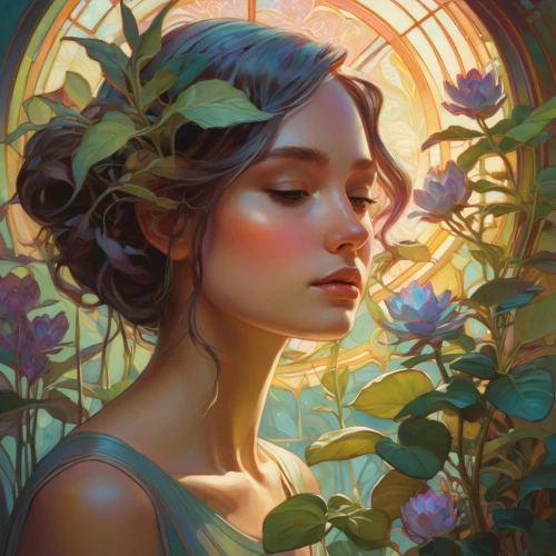 girl in a wreath,mystical portrait of a girl,faery,fantasy portrait,flora,girl in flowers,faerie,scent of roses,wreath of flowers,flower fairy,the sleeping rose,rosa 'the fairy,golden wreath,camellia,rose wreath,romantic portrait,scent of jasmine,blooming wreath,jasmine blossom,passion bloom,Conceptual Art,Fantasy,Fantasy 18