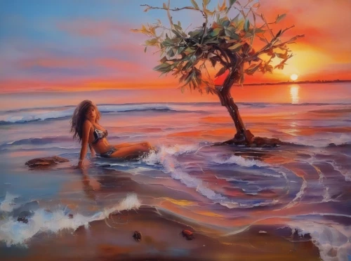 girl with tree,oil painting,oil painting on canvas,beach landscape,orange tree,mangroves,art painting,painted tree,sunrise beach,sunset beach,tangerine tree,sea landscape,coastal landscape,oil on canvas,photo painting,eastern mangroves,the girl next to the tree,seascape,oil paint,boho art,Illustration,Paper based,Paper Based 04