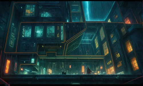 metropolis,transistor,cyberpunk,apartment block,sci fiction illustration,cityscape,an apartment,black city,dystopian,alleyway,high rises,city at night,high-rises,rescue alley,city blocks,sci-fi,sci - fi,alley,concept art,apartment house,Illustration,Realistic Fantasy,Realistic Fantasy 02