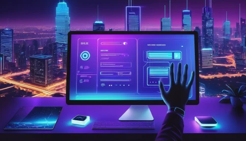 cyberpunk,purple wallpaper,computer screen,futuristic,the computer screen,desktop computer,computer,man with a computer,cyber,computer desk,purple background,computer business,technology of the future,computer icon,computer workstation,computer art,cyberspace,blur office background,computer system,tech trends,Illustration,American Style,American Style 10