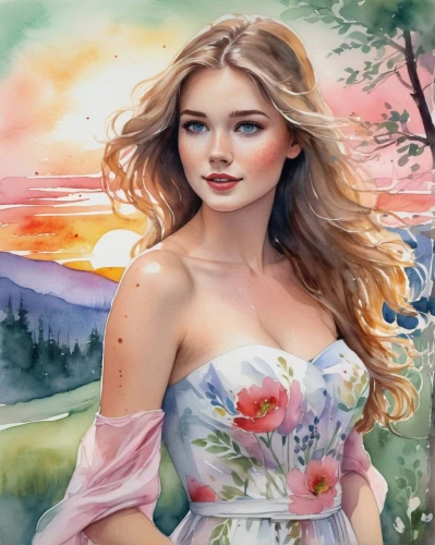 watercolor background,photo painting,romantic portrait,flower painting,watercolor women accessory,landscape background,girl in flowers,romantic look,springtime background,art painting,jessamine,world digital painting,beautiful girl with flowers,watercolor painting,watercolor floral background,spring background,celtic woman,young woman,fantasy portrait,rose flower illustration,Illustration,Paper based,Paper Based 25