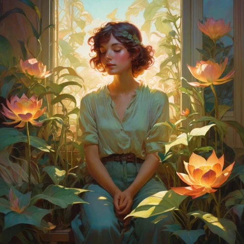 rosa ' amber cover,girl in the garden,flora,camellias,camellia,kahila garland-lily,girl in flowers,the garden marigold,holding flowers,peonies,peony,jasmine blossom,secret garden of venus,girl in a wreath,gardenia,conservatory,peony frame,widow flower,fantasy portrait,mystical portrait of a girl,Conceptual Art,Fantasy,Fantasy 18
