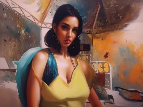 oil painting on canvas,oil painting,italian painter,girl in the kitchen,oil on canvas,woman at cafe,art painting,painting work,girl with cloth,meticulous painting,world digital painting,painting technique,girl in cloth,photo painting,oil paint,woman hanging clothes,painting,ancient egyptian girl,asian woman,yellow jumpsuit,Illustration,Paper based,Paper Based 04