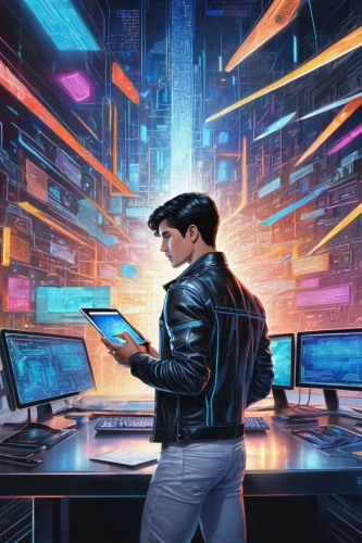 cyberpunk,sci fiction illustration,man with a computer,cyber,futuristic,cyberspace,computer addiction,computer,cyber glasses,dystopian,dystopia,futuristic landscape,digital nomads,computer freak,computer business,digital technology,girl at the computer,world digital painting,cg artwork,tech trends,Conceptual Art,Daily,Daily 17