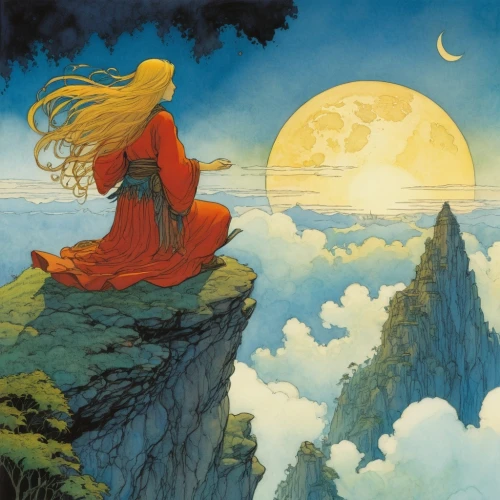 heliosphere,fantasy woman,fantasia,fantasy picture,girl on the dune,violinist violinist of the moon,blue moon rose,rem in arabian nights,moonbeam,phase of the moon,skywatch,fairies aloft,mountain spirit,sun and moon,fantasy art,dream world,heroic fantasy,mother earth,feist,gaia,Illustration,Realistic Fantasy,Realistic Fantasy 04