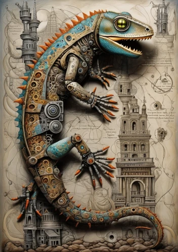 basilisk,dragon lizard,fantasy art,splendor skink,steampunk,painted dragon,iguana,eastern water dragon,yemen chameleon,steampunk gears,salamander,wyrm,lungless salamander,clockmaker,crocodile woman,climbing salamander,drago milenario,skink,sci fiction illustration,meller's chameleon,Illustration,Realistic Fantasy,Realistic Fantasy 40