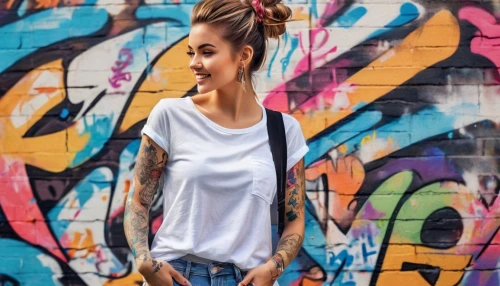 girl in t-shirt,women clothes,long-sleeved t-shirt,women fashion,tattoo girl,women's clothing,street fashion,pony tail,jeans background,tshirt,concrete background,graffiti,updo,ladies clothes,bun mixed,fashion street,menswear for women,cotton top,colorful background,isolated t-shirt,Unique,Design,Infographics