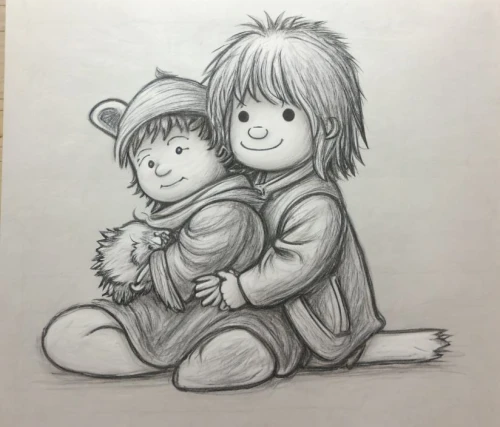 little boy and girl,monchhichi,baby and teddy,kids illustration,boy and girl,little girl and mother,father with child,children drawing,child portrait,pencil drawing,cuddling bear,teddy bears,line art children,boy and dog,teddy-bear,charcoal nest,hug,coloring picture,young couple,teddy bear