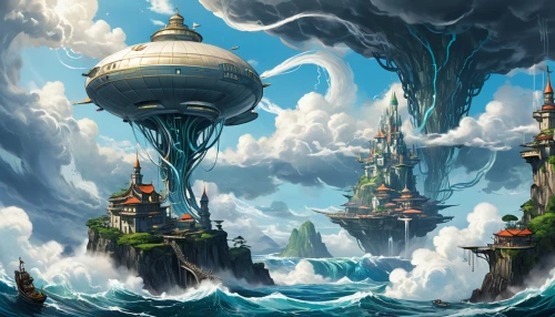 fantasy landscape,sea fantasy,waterglobe,floating islands,floating island,fantasy picture,fantasy city,fantasy art,fantasy world,imperial shores,mushroom island,northrend,artificial island,airships,harbor,3d fantasy,water castle,maelstrom,underwater landscape,ancient city,Conceptual Art,Sci-Fi,Sci-Fi 24