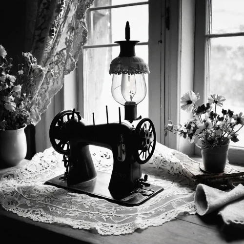 vintage lantern,sewing room,sewing machine,sewing silhouettes,still life photography,little girl reading,the gramophone,vintage kitchen,housework,the little girl's room,antique style,sewing notions,vintage flowers,bay window,monochrome photography,gramophone,retro kerosene lamp,kerosene lamp,table lamps,shabby-chic,Illustration,Black and White,Black and White 33