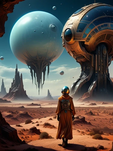 sci fiction illustration,futuristic landscape,sci fi,alien planet,scifi,desert planet,gas planet,science fiction,sci - fi,sci-fi,alien world,airships,dune,science-fiction,cg artwork,red planet,viewing dune,concept art,valerian,fantasy art