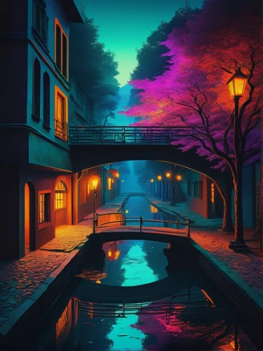 canals,colorful city,night scene,world digital painting,canal,lagoon,riverside,acid lake,colorful water,futuristic landscape,paris,digital art,underground lake,saturated colors,colorful light,waterfront,dusk background,art background,nightscape,night glow,Art,Artistic Painting,Artistic Painting 32