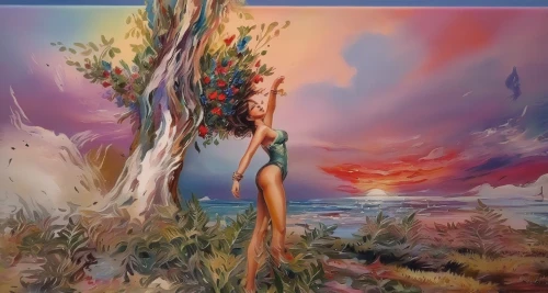 girl with tree,burning bush,mother earth,dryad,garden of eden,mother nature,argan tree,psychedelic art,art painting,colorful tree of life,fantasy art,glass painting,oil painting on canvas,desert rose,oil painting,olive tree,fae,tree of life,adam and eve,painted tree,Illustration,Paper based,Paper Based 04
