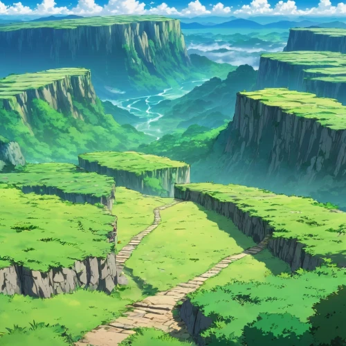 meteora,green valley,valley,mountain plateau,the valley of the,mountain world,high landscape,bastei,mountain valley,landscape background,mountain road,background with stones,canyon,scenery,rolling hills,the landscape of the mountains,cartoon video game background,heaven gate,mountainous landscape,plateau,Illustration,Japanese style,Japanese Style 03
