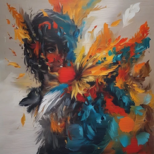 phoenix rooster,abstract painting,rooster head,masquerade,oil on canvas,portrait of a hen,painting technique,oil painting on canvas,rooster,color feathers,bird painting,abstract smoke,guacamaya,oil painting,papillon,colorful horse,garuda,plume,peacock,zao,Illustration,Paper based,Paper Based 04