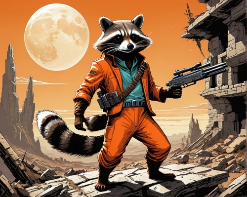 rocket raccoon,raccoons,north american raccoon,raccoon,star-lord peter jason quill,guardians of the galaxy,rocket,badger,violinist violinist of the moon,action-adventure game,sci fiction illustration,fox hunting,kung fu,patrols,free fire,game art,lando,anthropomorphized animals,mustelid,splinter,Conceptual Art,Sci-Fi,Sci-Fi 20