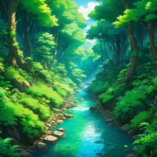 forest background,forest,forest landscape,green forest,forests,cartoon video game background,a river,fairy forest,landscape background,green wallpaper,forest path,river landscape,the forest,fantasy landscape,cartoon forest,forest glade,forest of dreams,studio ghibli,frog background,clear stream,Illustration,Japanese style,Japanese Style 03