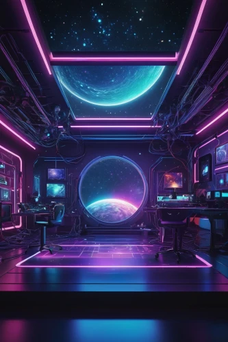 ufo interior,cinema 4d,80's design,vapor,spaceship space,scifi,space,neon coffee,futuristic,3d background,80s,computer room,cyberspace,aesthetic,3d render,space station,abstract retro,orbital,spaces,futuristic landscape,Illustration,Paper based,Paper Based 02