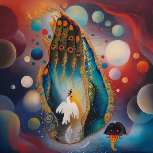 pachamama,shamanic,shamanism,psychedelic art,indigenous painting,the annunciation,peacock,mushroom landscape,oil painting on canvas,fairy peacock,mantra om,global oneness,surrealism,astral traveler,sacred art,mother earth,motif,buddha's hand,kundalini,mirror of souls,Illustration,Paper based,Paper Based 04