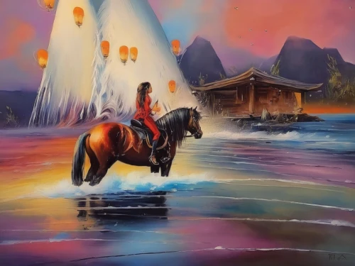 oil painting on canvas,chinese art,indigenous painting,khokhloma painting,man and horses,painted horse,colorful horse,the horse at the fountain,fire horse,oil painting,art painting,oil on canvas,fire and water,fire fighting water,horseback,painting technique,unicorn art,volcanic landscape,glass painting,yi sun sin,Illustration,Paper based,Paper Based 04