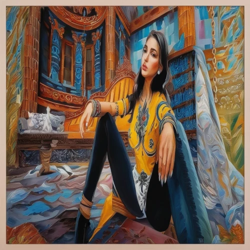 saraswati veena,iranian,oil painting on canvas,oil painting,girl sitting,woman sitting,girl with bread-and-butter,violinist,persian poet,violin woman,radha,charango,oil on canvas,woman playing violin,celtic harp,woman playing,murano,solo violinist,italian painter,artist portrait,Illustration,Paper based,Paper Based 04
