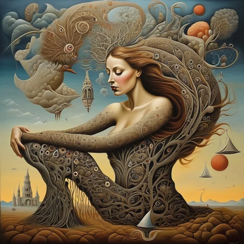 fantasy art,venus,the zodiac sign pisces,surrealism,secret garden of venus,zodiac sign libra,shamanic,surrealistic,shamanism,zodiac sign gemini,equilibrist,equilibrium,mother earth,fantasy woman,fractals art,psychedelic art,virgo,mermaid,gold foil mermaid,siren,Illustration,Realistic Fantasy,Realistic Fantasy 40