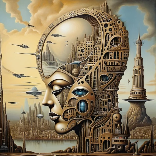 biomechanical,surrealism,cybernetics,surrealistic,psychedelic art,fractals art,panopticon,imagination,dali,mind,open mind,human head,cognitive psychology,train of thought,consciousness,sci fiction illustration,metropolis,somtum,dystopia,fantasy art,Illustration,Realistic Fantasy,Realistic Fantasy 40