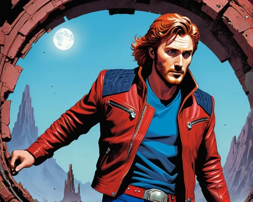 star-lord peter jason quill,magneto-optical disk,magneto-optical drive,ford prefect,steve rogers,red super hero,sci fiction illustration,solo,tony stark,guardians of the galaxy,red chief,red planet,action hero,marvel comics,leather jacket,pollux,robert harbeck,mission to mars,botargo,lando,Conceptual Art,Sci-Fi,Sci-Fi 20