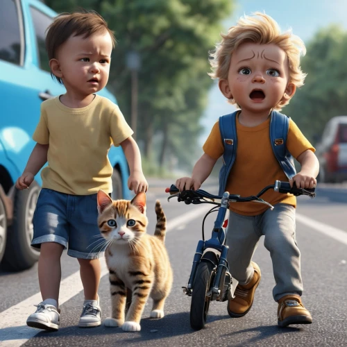 bike kids,baby cats,pedestrians,cycling,lion children,cinema 4d,kids illustration,bicycling,cyclists,cartoon cat,biking,bmx,tour de france,children,toyger,wild animals crossing,training wheels,children's background,two cats,b3d,Photography,General,Realistic