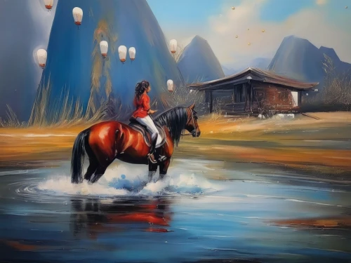 painted horse,khokhloma painting,oil painting on canvas,indigenous painting,horseback,oil painting,horse herder,fetching water,art painting,world digital painting,chinese art,glass painting,painting technique,colorful horse,mountain scene,the horse at the fountain,oil on canvas,man and horses,rural landscape,horse running,Illustration,Paper based,Paper Based 04