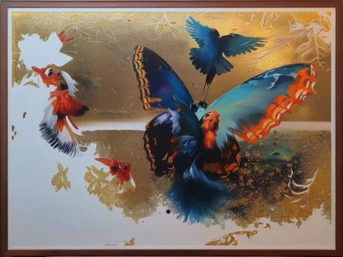 floral and bird frame,bird painting,hummingbirds,bird frame,birds blue cut glass,amano,blue birds and blossom,finch in liquid amber,birds gold,colorful birds,humming birds,golden parakeets,humming bird pair,oil painting on canvas,copper frame,glass painting,blue leaf frame,gold foil art,gold frame,birds in flight,Illustration,Paper based,Paper Based 04