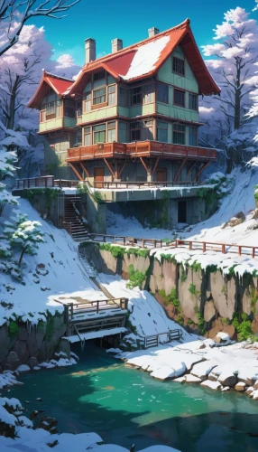 house in the mountains,house in mountains,ski resort,winter house,winter village,winter background,alpine village,house by the water,house with lake,korean village snow,ginkaku-ji,snow scene,tsukemono,snow landscape,winter landscape,snowy landscape,ryokan,winter lake,aurora village,the cabin in the mountains,Illustration,Japanese style,Japanese Style 03