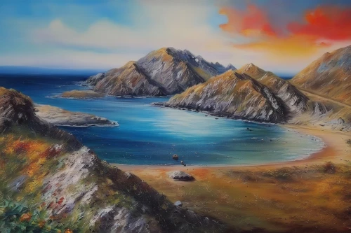 coastal landscape,an island far away landscape,beach landscape,sea landscape,navajo bay,napali coast,landscape with sea,landscape background,seascape,volcanic landscape,fantasy landscape,carrick-a-rede,panoramic landscape,boat landscape,mountain beach,island of fyn,mountain and sea,donegal,oil painting on canvas,oil on canvas,Illustration,Paper based,Paper Based 04