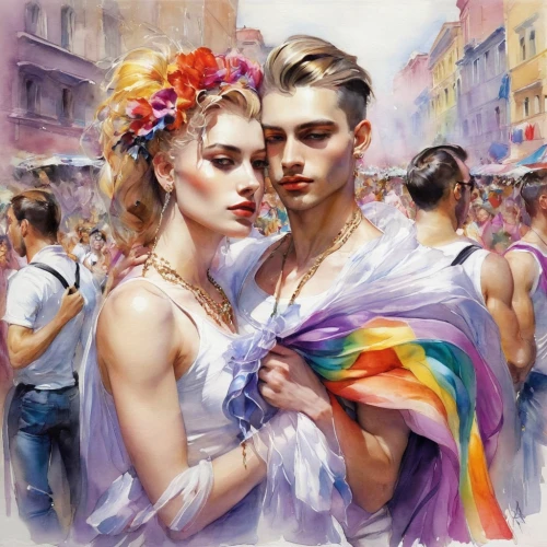 pride parade,lgbtq,glbt,gay pride,pride,young couple,beautiful couple,inter-sexuality,gay love,rainbow flag,gay,stonewall,beautiful people,fuller's london pride,dancing couple,vintage boy and girl,romantic portrait,two people,dancers,vintage man and woman,Illustration,Paper based,Paper Based 11