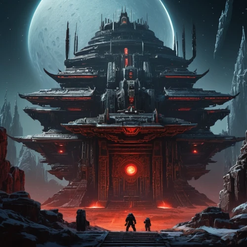 chinese temple,ancient city,hall of the fallen,shrine,portal,temple,bagan,world digital painting,barren,samurai,necropolis,concept art,monolith,ancient,cg artwork,hanging temple,temple fade,pilgrimage,citadel,fortress,Illustration,Realistic Fantasy,Realistic Fantasy 16