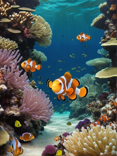 anemone fish,coral reef fish,anemonefish,sea life underwater,great barrier reef,coral reef,coral reefs,underwater background,clownfish,underwater world,clown fish,underwater landscape,amphiprion,marine life,sea animals,ocean underwater,coral fish,nemo,reef tank,marine diversity,Art,Artistic Painting,Artistic Painting 07