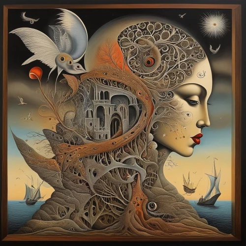 surrealism,surrealistic,fantasy art,secret garden of venus,the zodiac sign pisces,psychedelic art,shamanic,sea fantasy,mirror of souls,shamanism,mother earth,horn of amaltheia,tour to the sirens,sacred art,meticulous painting,mysticism,biomechanical,cd cover,clockmaker,decorative art,Illustration,Realistic Fantasy,Realistic Fantasy 40