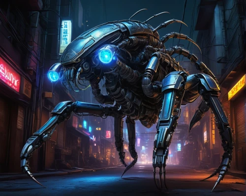 cyberpunk,cybernetics,arthropod,sci fiction illustration,scarab,walking spider,exoskeleton,carpenter ant,black beetle,blue-winged wasteland insect,artificial fly,spyder,wuhan''s virus,tarantula,mech,scorpio,arachnid,cyber,mantis,black ant,Conceptual Art,Fantasy,Fantasy 08