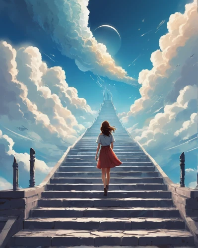 stairway to heaven,heavenly ladder,heaven gate,sky,ascending,world digital painting,girl on the stairs,skyscape,sci fiction illustration,upwards,blue sky and clouds,cloud play,blue sky clouds,the mystical path,clouds - sky,fall from the clouds,afterlife,summer sky,stairway,cloudscape,Conceptual Art,Fantasy,Fantasy 02