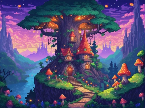 mushroom landscape,fairy village,fairy forest,mushroom island,fairy house,treehouse,fairy world,fairy chimney,tree house,fairytale forest,enchanted forest,cartoon forest,witch's house,druid grove,magic tree,tree mushroom,forest of dreams,house in the forest,bird kingdom,elven forest,Illustration,Realistic Fantasy,Realistic Fantasy 02